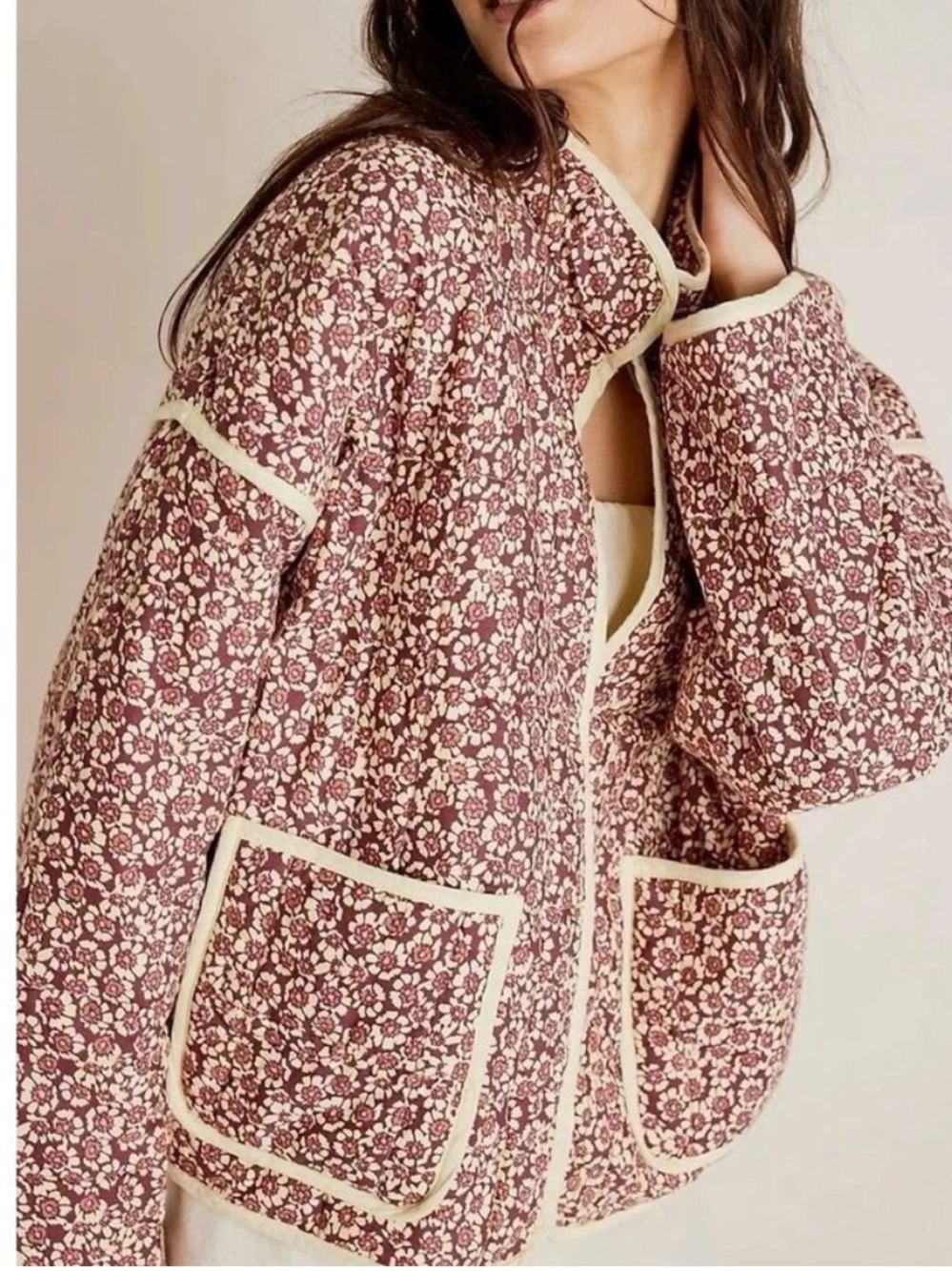 Free People Chloe Quilted Jacket in Mauve Floral Size Small
